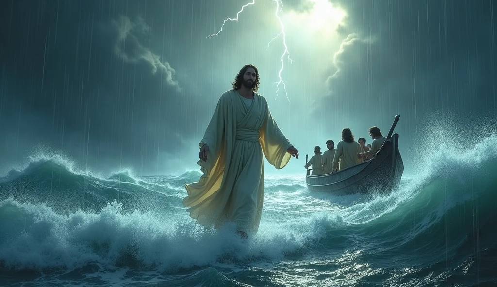 dramatic portrayal of jesus walking on turbulent waters during a raging storm emphasizing divine power and faith