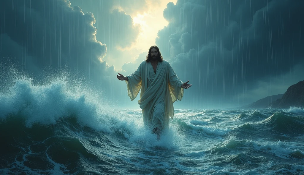 dramatic portrayal of jesus walking on turbulent waters during a raging storm emphasizing divine power and faith
