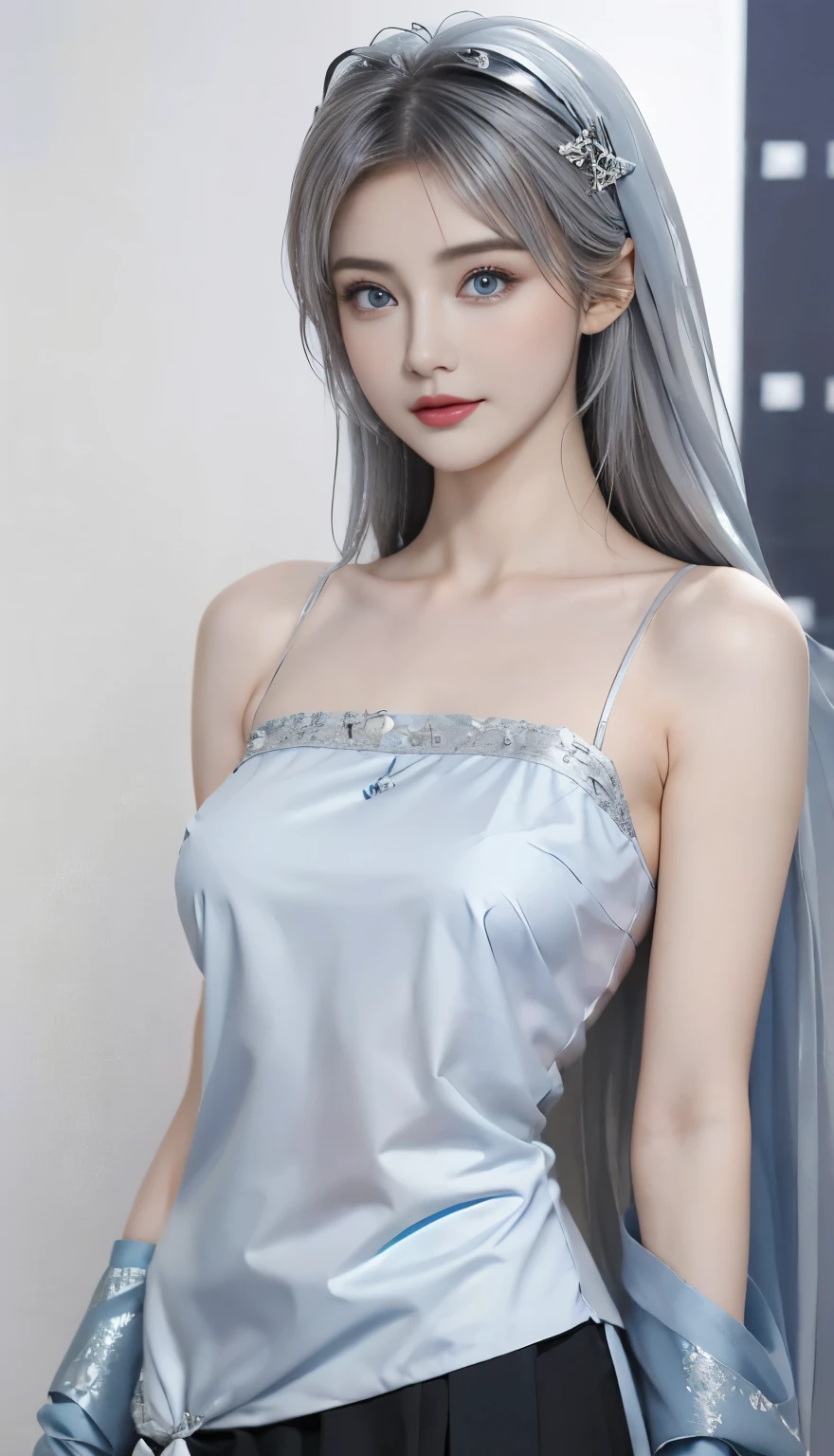 Posing for photos, See-through dress,  High waisted and big butt，Extremely short skirt, Wearing a skirt made of beads,  Sky blue textured clothes, Sexy（顶级Sexy服装设计，Sexy sea blue underwear1.3）, ((Cami White, Silver hair, Bangs, Shoulder-length hair, blue eyes, Antenna hair, Abdominal muscles, )), (Delicate face), Small lips，Smile, ((Abaya,)),Black long hair,(Beautiful face，Exquisite details:1.5)(Beautiful breasts：1.2),(蓬松的blue eyes: 1.21),Former God Furina，Wearing a dress made of blue stars，Showing thighs，Simple interior light and shadow background