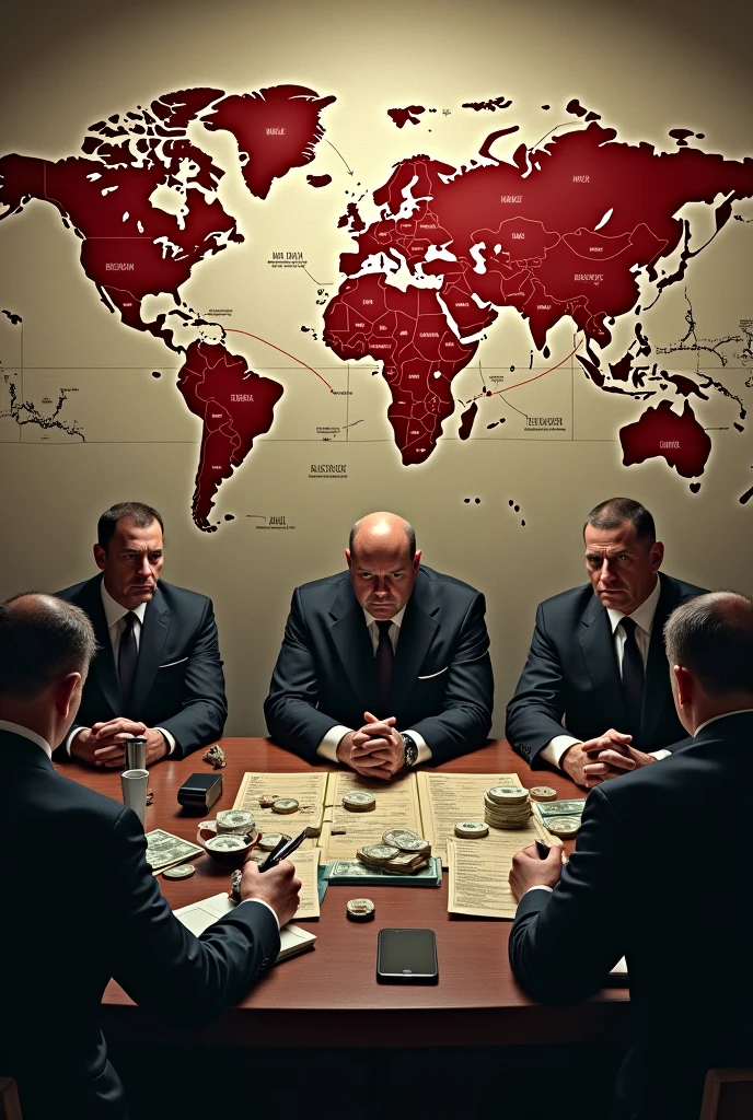 A world map highlighted with red lines connecting Russia to various countries across Europe, the United States, and beyond. In the foreground, mafia members gather around a table filled with stacks of money, drugs, and weapons, planning their next moves. The scene shows the global reach and influence of the Russian Mafia.
