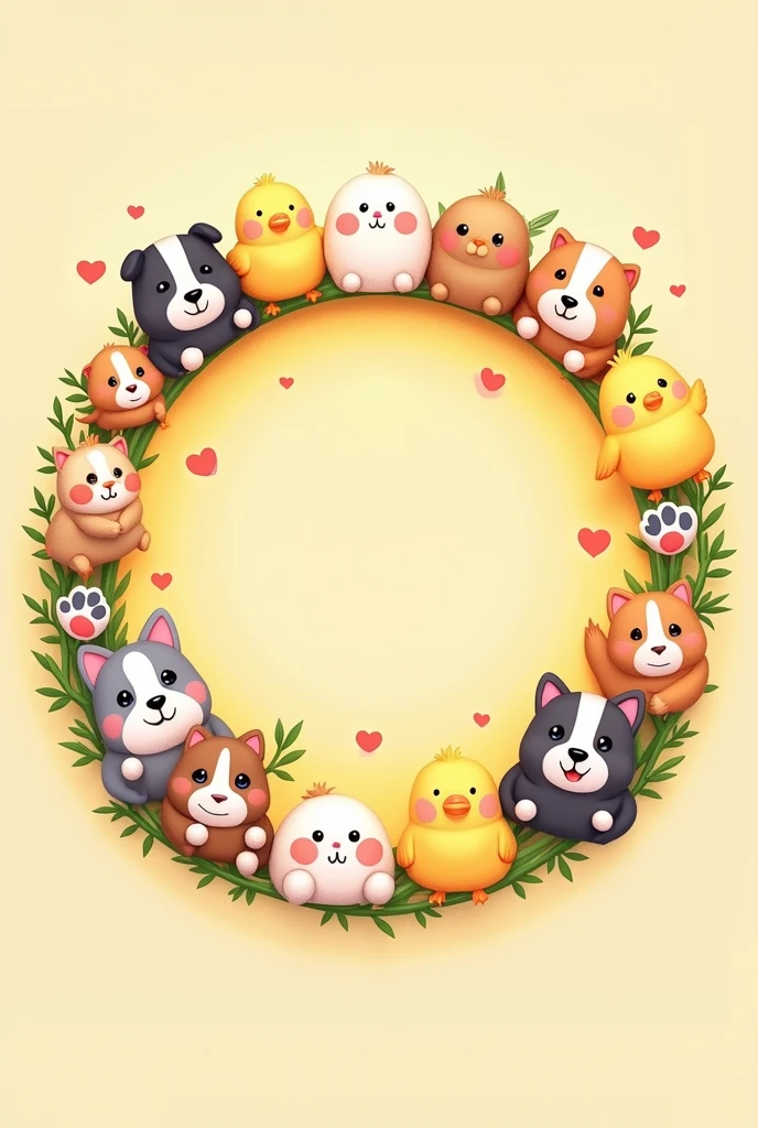 Generate a circular banner with the puppy paw prints, Kittens, budgies and chicks