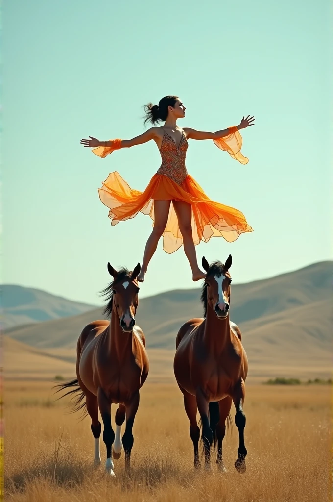 A woman is standing on the backs of two horses, 1 foot rests on the back of one horse the other foot rests on the back of the other horse