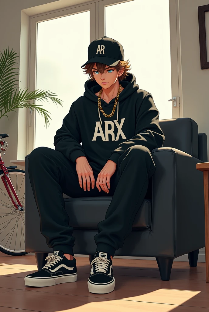 Teenage Goku, hip hop style cap on head, sitting in a room with white walls with black furniture and bright lights, slave chain with the initial Arx in gold, Loose black sweatshirt with a print in the center written ARX in white, long black pants and Nike Vans-type sneakers, interior, soft light, relaxed pose, in the background a Baker bicycle, realist, warm colors, by Greg Rutkowski, by Alphonse Mucha