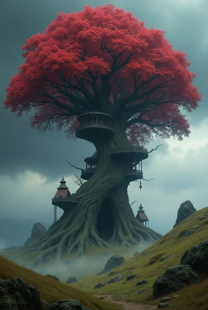A landscape with a giant tree in the center, Surrounded by grass and hills. Its branches support platforms with carved huts. At its base there is a mouth-shaped hole that leads to its interior.. Its leaves are red as blood and the sky is gloomy, Announcing a storm.
