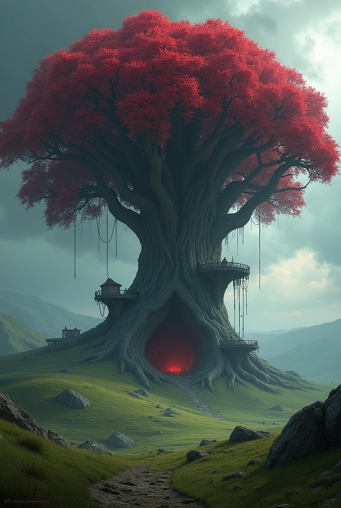 A landscape with a giant tree in the center, Surrounded by grass and hills. Its branches support platforms with carved huts. At its base there is a mouth-shaped hole that leads to its interior.. Its leaves are red as blood and the sky is gloomy, Announcing a storm.