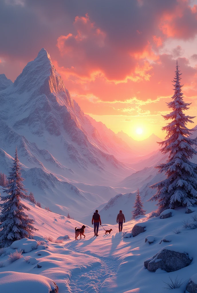 MAKE ME A LANDSCAPE WITH A SUNSET ON A SNOWY MOUNTAIN AND PEOPLE WALKING WITH A DOG