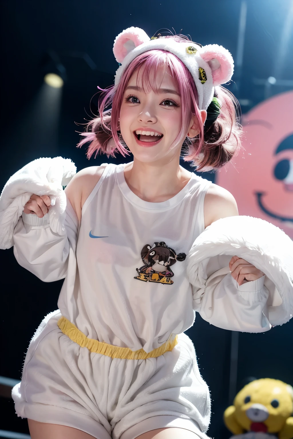 realistic, on the stage of the concert, brightly lit by spotlights on the stage, extremely bright lighting, wearing mascot headgear like an otter on head, wearing otter-like mascot-costume on the whole body, jumping, hands spread high and wide for against audiens, pink hair, pigtail hairstyle, hair is blowing in the wind, hair is shaggy and dishevelled, beautiful white-colored translucent skin and face, sweat splashes, glamorous figure, heavy and vivid makeup, small nose, smooth shaped jawline, glossy face, heavy flushed cheeks, big smile