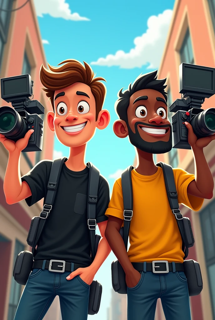 Cartoon of a camera crew consisting of 2 members: 1 young Caucasian man and 1 dark-skinned man, All wearing black and yellow shirts and camera equipment 