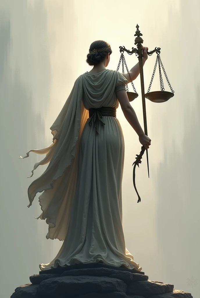Justice lady holding up a scale backview half body
