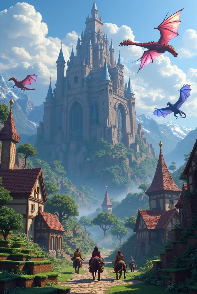A group of players in a medieval village in a world with dragons as their currency and many other mythological creatures in minecraft in an epic adventure with an epic castle on the mountain with dragons surrounded by players riding on epic elemental dragons