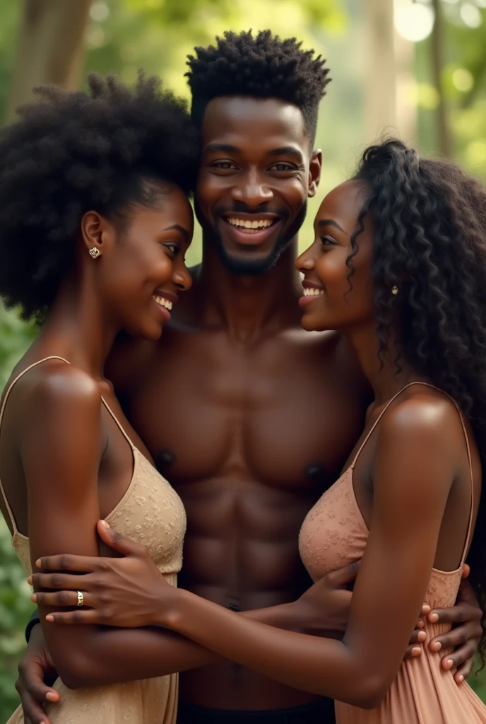 An attractive young black man, of about 18 years, being hugged by two equally beautiful black women, also approximately 1.