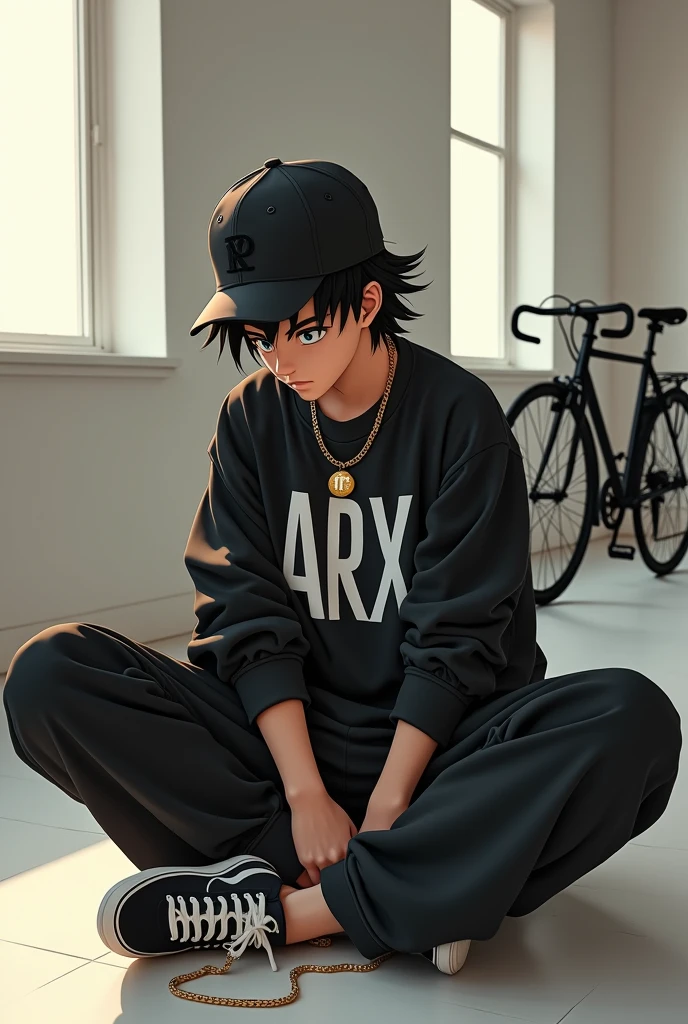 Teenage Goku, hip hop style cap on head, black eyes, sitting in a room with white walls with black furniture and bright lights, slave chain with the initial Arx in gold, Loose black sweatshirt with a print in the center written ARX in white, long black pants and Nike Vans-type sneakers, interior, soft light, relaxed pose, in the background a Baker bicycle, realist, warm colors, by Greg Rutkowski, by Alphonse Mucha