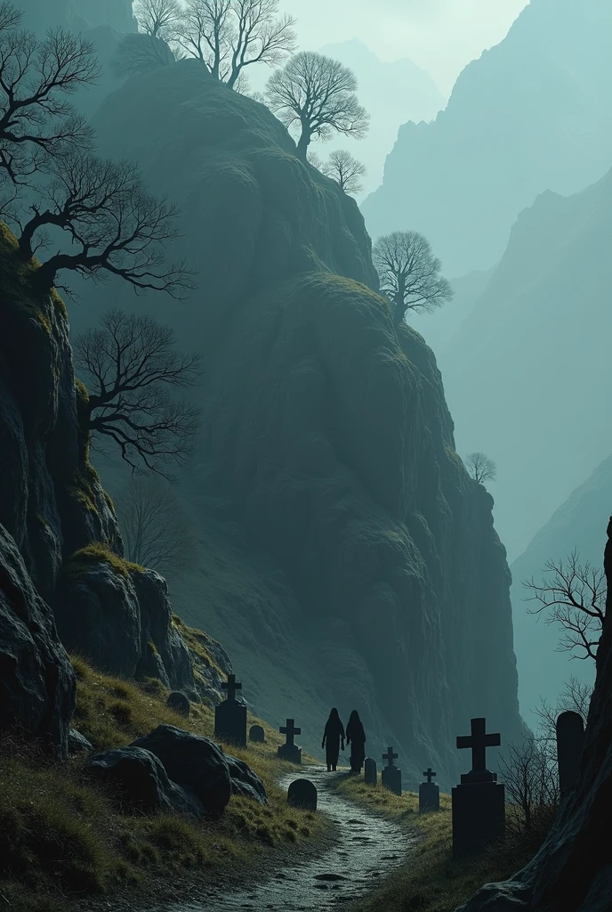 haunted cemetery hidden on top of a mountain, accessible only by a narrow trail
