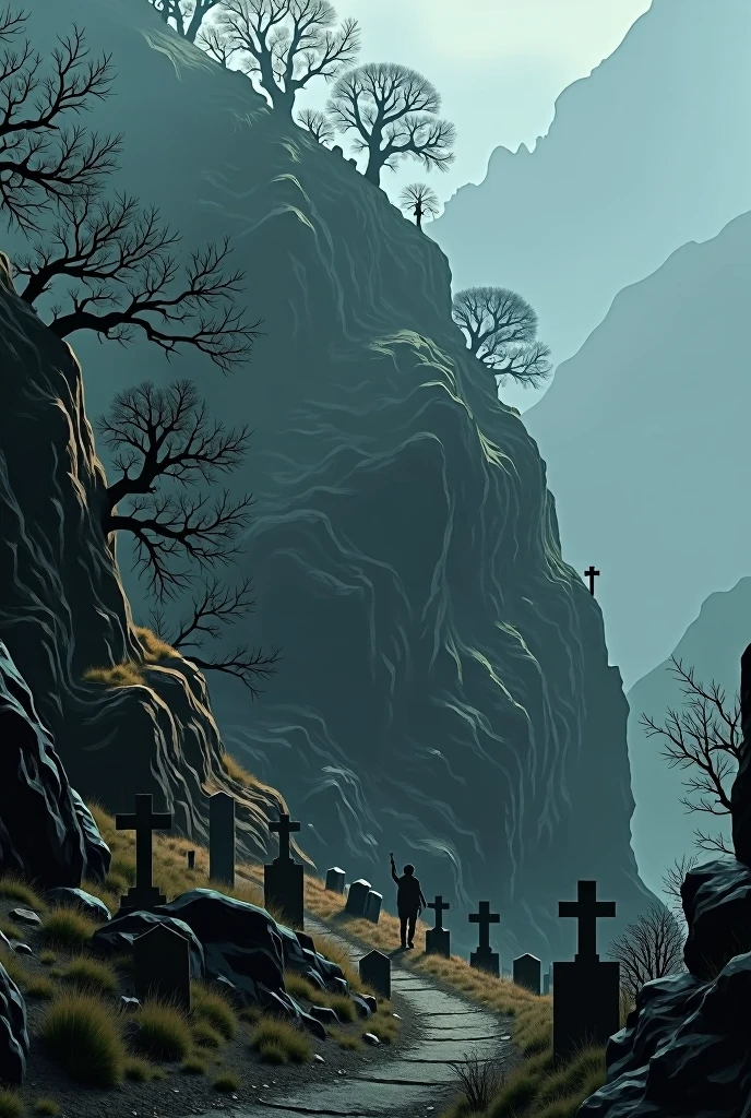 haunted cemetery hidden on top of a mountain, accessible only by a narrow trail
