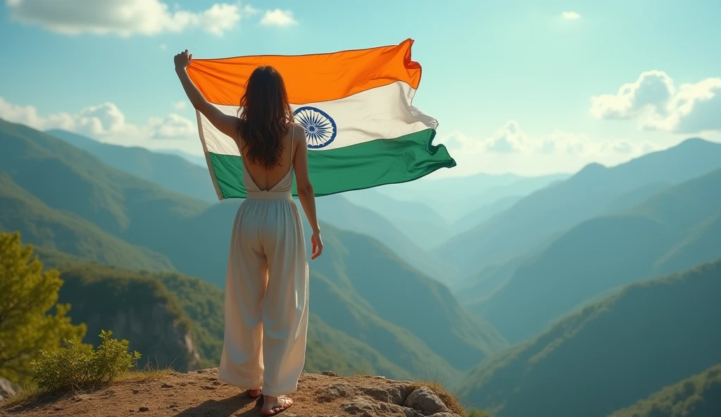 A 18 old sexcy and cute girl carrying Indian flag, standing on the heights, (8k, UltraHDR), realistic
,( IVID filter) 