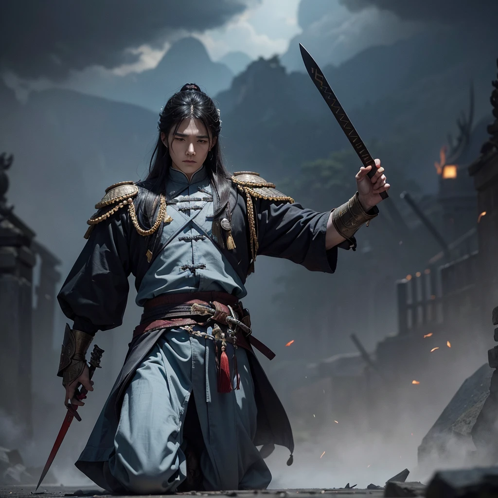Scene in ancient chinese settings. A vast, open execution ground surrounded by towering walls and filled with courtiers, soldiers, and nobles watching with bated breath. In the center stands a young and handsome commoner with pale skin and delicate features is kneeling, his head resting tensely on a wooden block, while the executioner stands over him, sword raised high. The sky above is a dark, ominous gray, with clouds swirling as if reflecting the tension of the moment. In the background, the figure of the emperor sits on a high dais, his expression cold and unyielding. Just as the sword begins its descent, a dark blur as an arrow is seen streaking towards the executioner, heralding the imminent chaos.