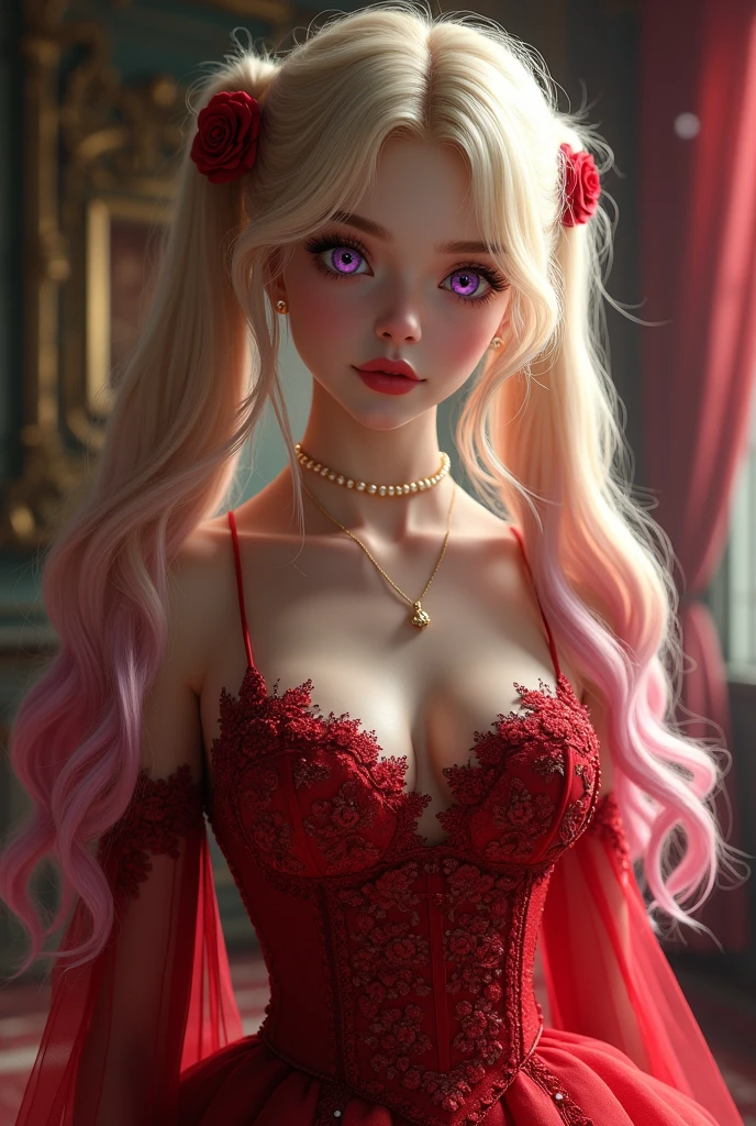 Blonde and pink gradation。Long twin tails。Mysterious and magical purple eyes。Lady in a red dress。Bewitching beauty。Pearl ornaments。Aristocratic Soiree。
