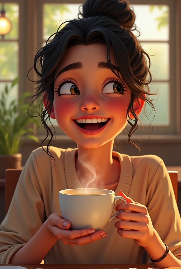 Maya drinking the tea with a laugh."