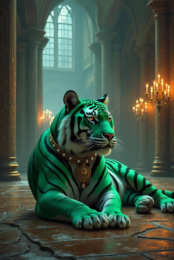 illustration: a tiger lying on the ground, charachter: a beautiful green skinned tiger, calm and cold look, Scenario: salão principal de um castelo com bela decoração Mediovale, outfit: beautiful diamond studded collar, styled: Mediovale,  Lighting: chandelier and torches with ice-colored flames.