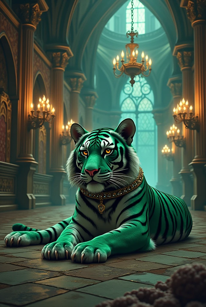 illustration: a tiger lying on the ground, charachter: a beautiful green skinned tiger, calm and cold look, Scenario: salão principal de um castelo com bela decoração Mediovale, outfit: beautiful diamond studded collar, styled: Mediovale, Lighting: chandelier and torches with ice-colored flames.