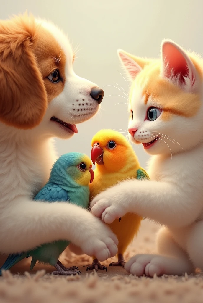 intertwines the little paws of a dog, cat, parakeet, Chicken