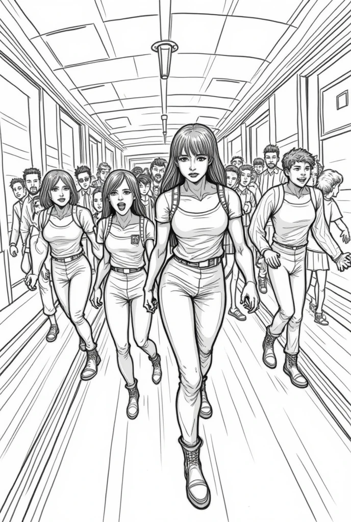 Create a lineart illustration
Scene: Busy hallways filled with panicked people, as Marine and Sayne try to make their way through the chaos.
Details: Marine could be illustrated with an expression of desperation and determination, with Sayne at her side, authoritatively calling for passage. The illustration could capture the movement and haste, with the hallways full of people moving and searching for information, heightening the sense of urgency and confusion.