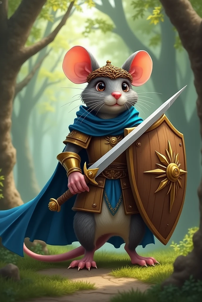 Make a Paladin Rat for RPG, he uses a hazel shield, a needle sword, a helmet of branches, and a blue cape
