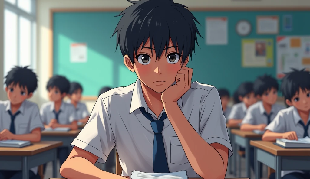 A Indian student thinking something in classroom anime