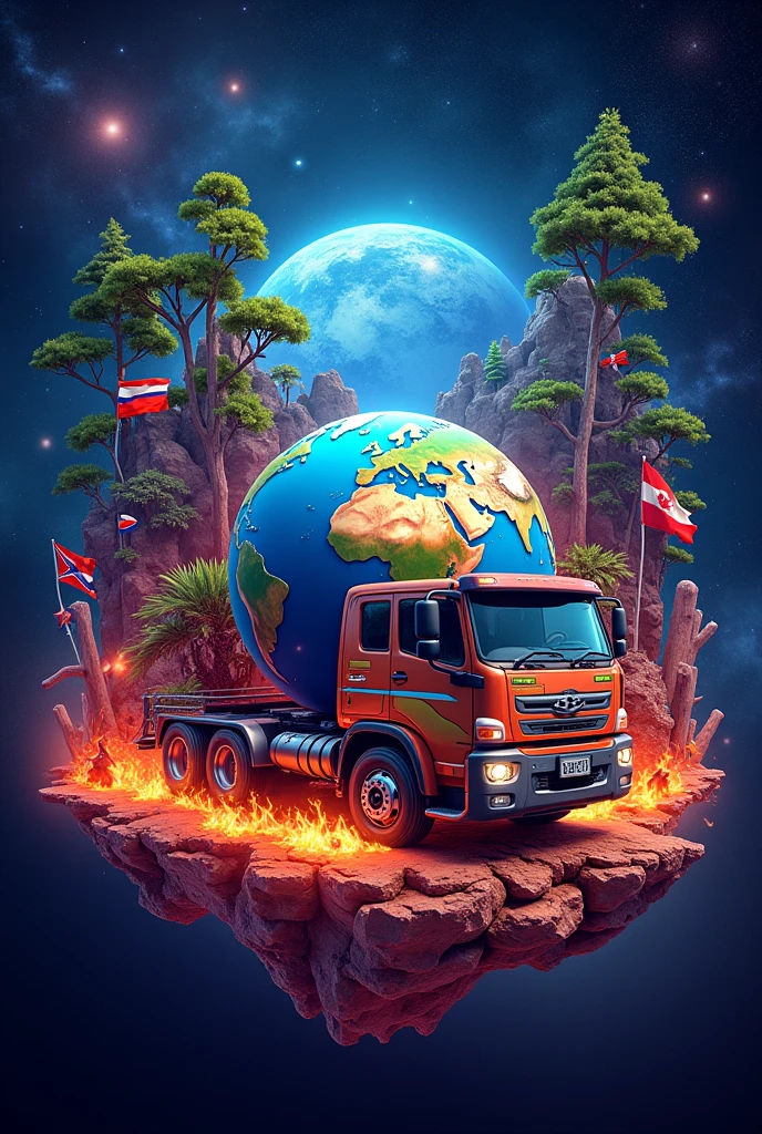 Logo universe,planet Earth, GAS VEHICULAR, fire,trees,plants,country flags