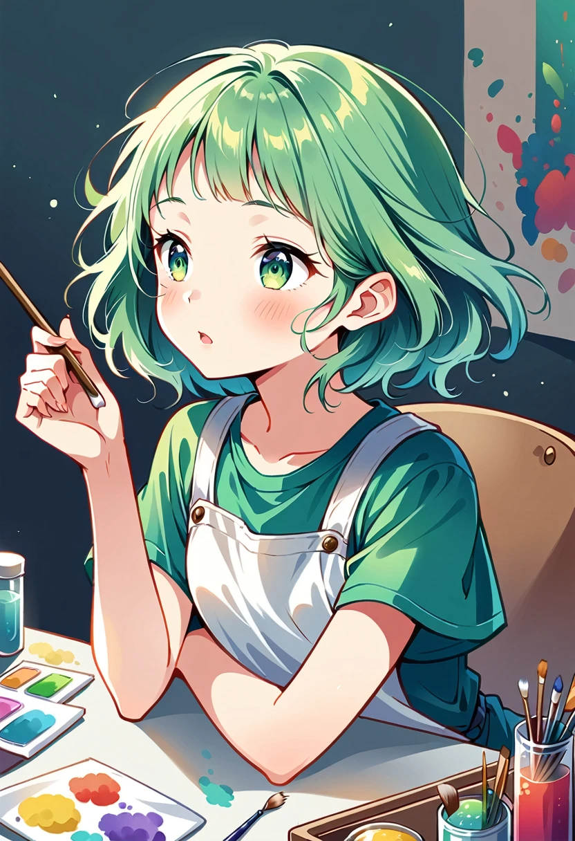 A high-quality 2D anime illustration of Mizuha, a with bright mint green short hair styled lightly upwards in the front, and vivid green eyes, engaged in creating art. She is either painting on a canvas or working on a craft project, her expression one of focus and creativity. The setting is an art studio or a home workspace, filled with art supplies like paints, brushes, and craft materials. Mizuha's outfit is casual, with an apron over it to protect her clothes, in her favorite colors of mint green and white. This scene showcases her artistic talents and her enjoyment in expressing herself through various art forms.