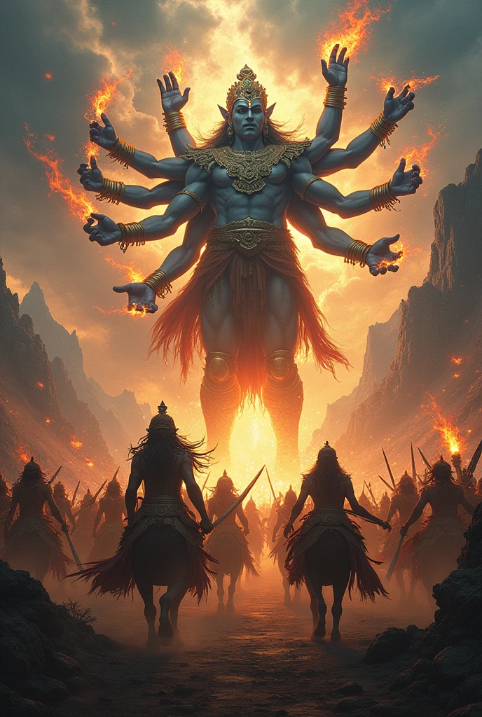 Battle with Ravana:
The fierce battle between Rama’s army and Ravana’s forces, with intense combat and divine weapons in action.