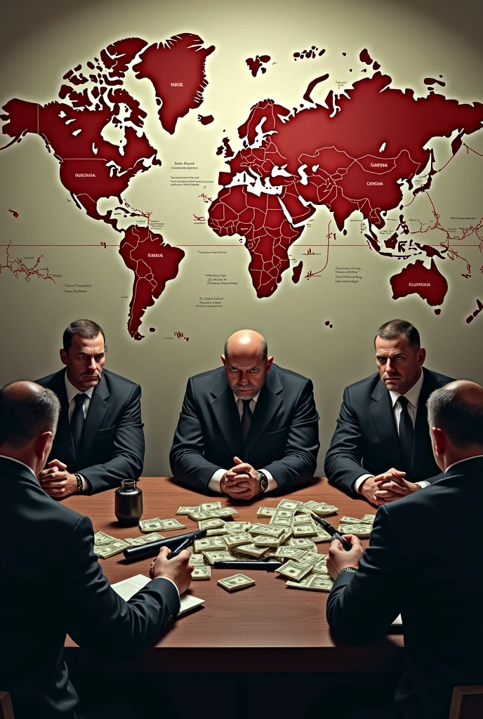 new A world map highlighted with red lines connecting Russia to various countries across Europe, the United States, and beyond. In the foreground, mafia members gather around a table filled with stacks of money, drugs, and weapons, planning their next moves. The scene shows the global reach and influence of the Russian Mafia.