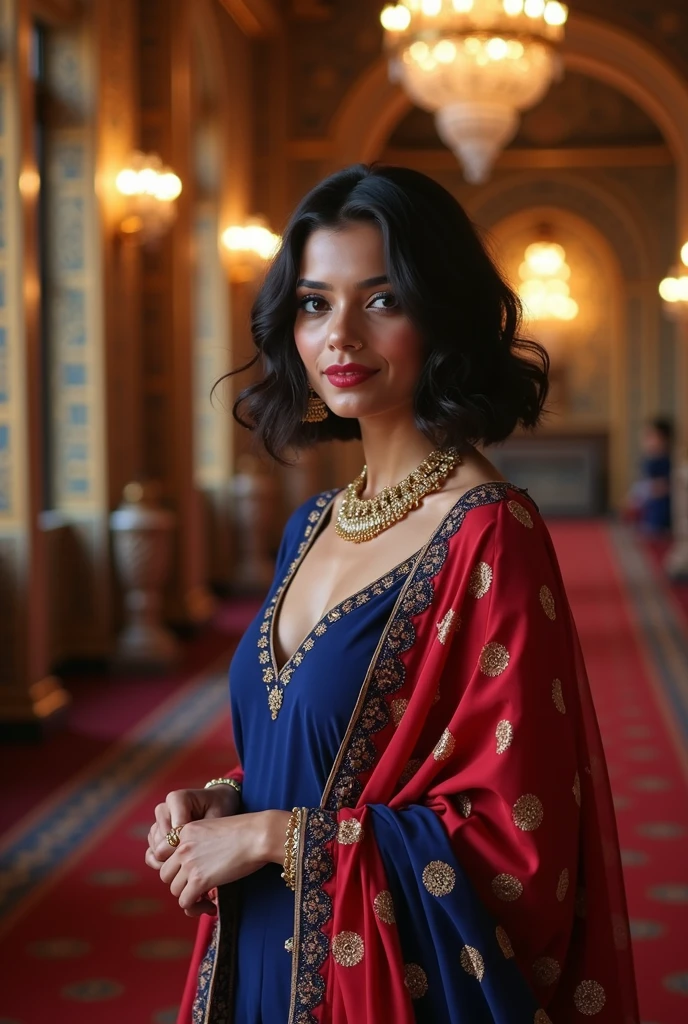 (8k, RAW Photos, Highest quality, masterpiece: 1.2)、Very detailed、Super Resolution、(Full body photography)、Natural color lip、Sexy smile, Heavy eye makeup、(Indian female wearing blue and red salwaar kurta 1.2), Gorgeous Accessories, Bob cut Hair、C cup breasts(Background of a royal banquet hall with luxury view1.2)、(Dynamic Sexy Pose 1.2)、(Gorgeous Theme 1.2)、(With mild cleavage 1.2) (Full length photograph), head to sandals length. Indian female 32 years age, full vertical length.