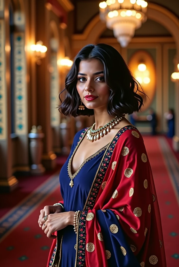 (8k, RAW Photos, Highest quality, masterpiece: 1.2)、Very detailed、Super Resolution、(Full body photography)、Natural color lip、Sexy smile, Heavy eye makeup、(Indian female wearing blue and red salwaar kurta 1.2), Gorgeous Accessories, Bob cut Hair、C cup breasts(Background of a royal banquet hall with luxury view１.2)、(Dynamic Sexy Pose 1.2)、(Gorgeous Theme 1.2)、(With mild cleavage 1.2) (Full length photograph), head to sandals length. Indian female 32 years age, full vertical length. 