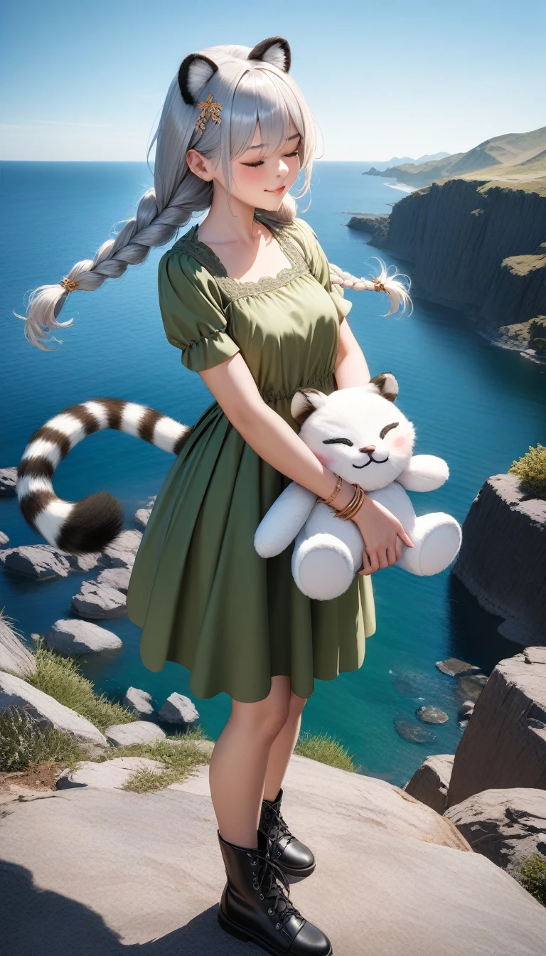 green dress short sleeves black boots, tny-atla, closed eyes,tail, bracelets, full body, solo, 1girl, outdoors, masterpiece, best quality, very aesthetic, absurdres, ((masterpiece)), (best quality), (ultra-detailed), photorealistic, (best illustration), ((an extremely delicate and beautiful)), 1girl, solo, long hair, tiger ears, [:tiger tail under:0.2], white hair, two-tone hair, white dress, (green dress:1), multicolored dress, cross-laced, standing, closed eyes, sadistic smile, black skirt, short sleeves, detailed scenery, blue sky, horizon, low twin braids, twin braids, hair ornament, bracelet, (holding plush toy in hands:0.9), blush, squeezing plush, sadistic girl.  