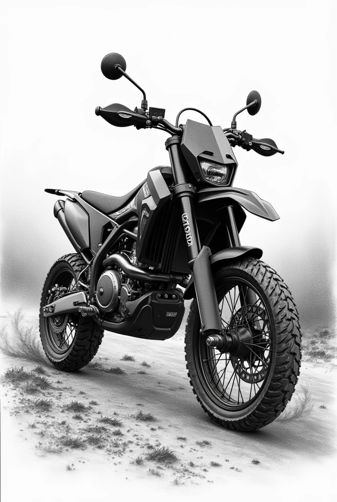 Draw a motocross enduro style motorcycle, in pencil, on a dirt road terrain, that the motorcycle is black and the road is dirt and mud, and that the bike has modern touches, that the motorcycle does not have a passenger, that this park and can be seen from the side and part of the light bulb