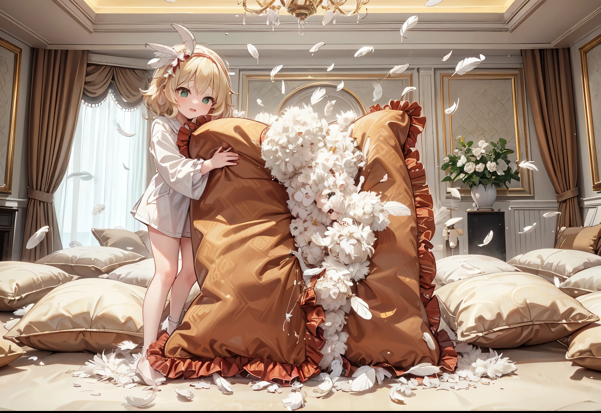 (best quality, masterpiece) , details, (Light and shadow oxtail) , Cute girl posing on pillow ,Pillow, Upholstered,Soft pillow,(Pillow),The love surrounding the protagonist,steam,(Luxury Pillow),(Gorgeous pattern pillow),luxurious pillow, standing,(Love around the protagonist),(pillow), frilled pillow , 1 pillow, standing on a top of pillow, on pillow, big pillow, fluffy pillow, pillow damage, stomping pillow, stomping, pillow on floor, stepping on pillow, posing on top pillow, full body, pillow on floor, (((feathers))), pillow destroy, ripping pillow, tearing pillow in half, feathers everywhere, cotton, stuffing pillow, sakurai_momoka_theidolmastercinderellagirlsu149, blonde_hair, hairband, short_hair, green_eyes, bangs, upper_body, smile, bow, open_mouth, wavy_hair