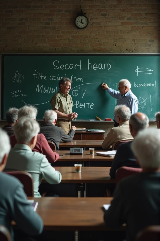 Seniors teaching a large group of seniors with old blackboards and chalks old image