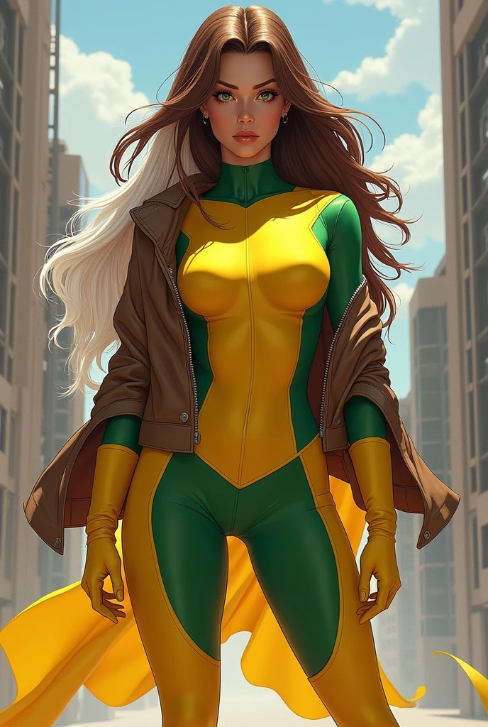 1girl, superhero rogue, long brown hair with white strands, in yellow costume with green parts, yellow gloves and boots, brown jacket