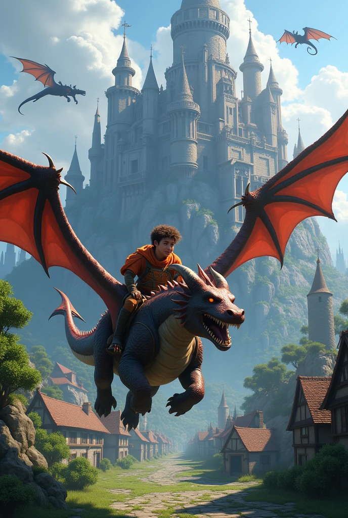 A group of players in a medieval village in a world with dragons as their currency and many other mythological creatures in minecraft on an epic adventure with an epic castle on the mountain with dragons surrounded by players riding epic elemental dragons in minecraft