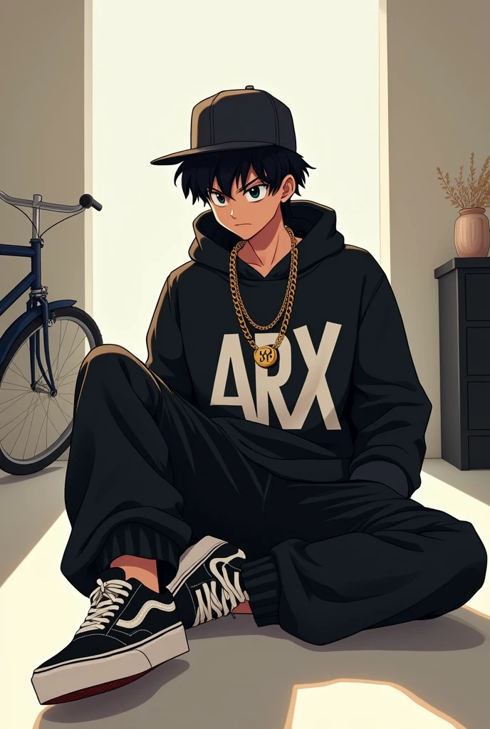 
 
Teenage Goku, hip hop style cap on head, black eyes, sitting in a room with white walls with black furniture and bright lights, slave chain with the initial Arx in gold, Loose black sweatshirt with a print in the center written ARX in white, long black pants and Nike Vans-type sneakers,  interior, soft light, relaxed pose, in the background a Baker bicycle, realist, warm colors, by Greg Rutkowski, by Alphonse Mucha
