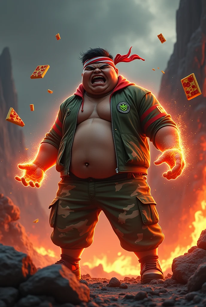 a man real teenage 20 year old bangladesh, nepal (fat body. belly fat chubby body type.) sharp eyes. chubby face. dark skin. man . Anger face. Open mouth. wear headband red whitr. . wearing an (green red stripe jacket) future shirt . anger faces, short hairstyle . Dramatic.. stand on lava ,( camouflauge green)cargo pant,, detailed face, cinematic lighting, dramatic atmosphere,.hot day. vibrant colors, 8k, high quality, photorealistic. Hero suit.. hand light green power dark power from his hand.((Glowing magic element magic elment from hand,),army green logo design on pant . Very strong. Future design dress. Very epic. Very hot background.. dark sky. Very strong . . Flying floating pizza, candy. chocolate bar everywhere..Shadow power from hand Floating small rock everywhere.have a power turn anything to the food.