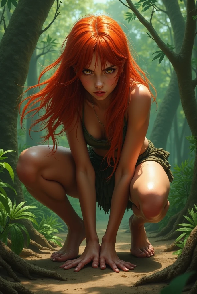 Jungle girl, age 13, adolescent, red long hair, barefoot, realistic, animalistic, scantily dressed, angry, short, crouched, live person, maximum detail