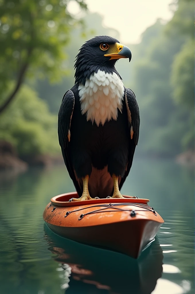 Create an image of a caracara on top of a kayak