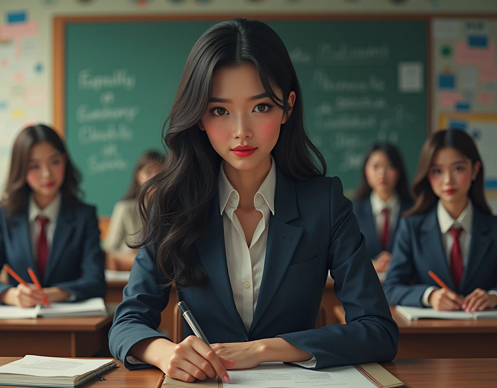 (raw photo, best quality) , (Realistic, photo-realistic: 1.4), extremely formidable general plan, masterpiece, ultra-detailed, high resolution, best illustration, best shadow, complex, depth of field, big picture, beautiful female school teachers who court children, in a classroom, 8k photorealistic style, DSLR, high quality, (film grain: 1.4), Fujifilm XT3,