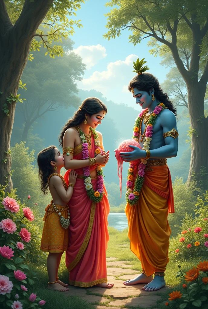 Radha Krishan playing with ???, krishna stand with slime create high quality realistic image, Landscape of a forest, bight sky, vibrant colors, looking with smile, environment is background is of garden, image should ultra clear, hyper realistic, high quality 4k