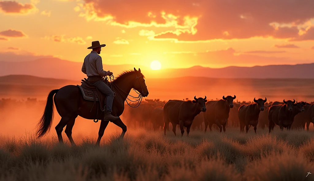 A cowboy on horseback guides a herd of cattle across open plains as the sun sets, casting a warm glow over the landscape.