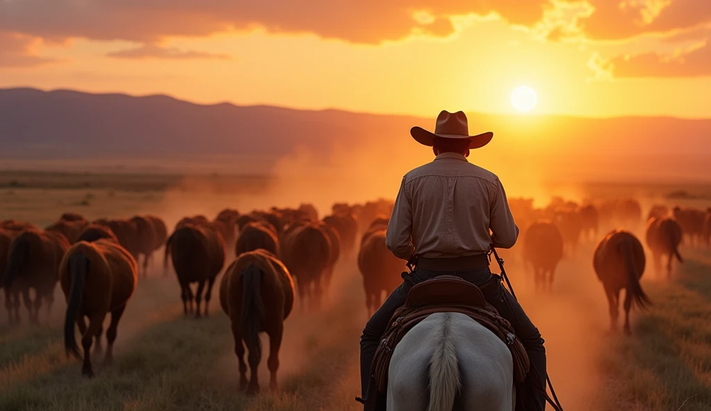 A cowboy on horseback guides a herd of cattle across open plains as the sun sets, casting a warm glow over the landscape.