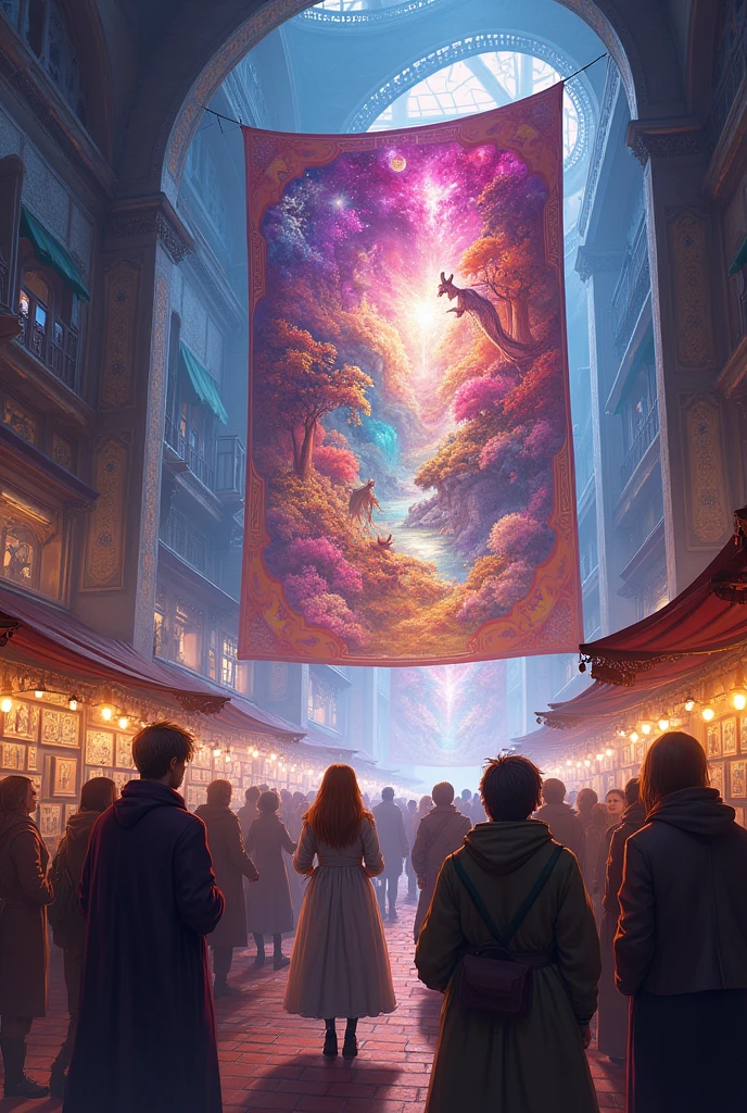 A bustling market or exhibition space where Aeris’s tapestries are displayed. People admire her work, which is showcased in vibrant, magical settings. The atmosphere is filled with awe and excitement as visitors interact with the tapestries, and Aeris is depicted as a central figure, receiving admiration and praise.