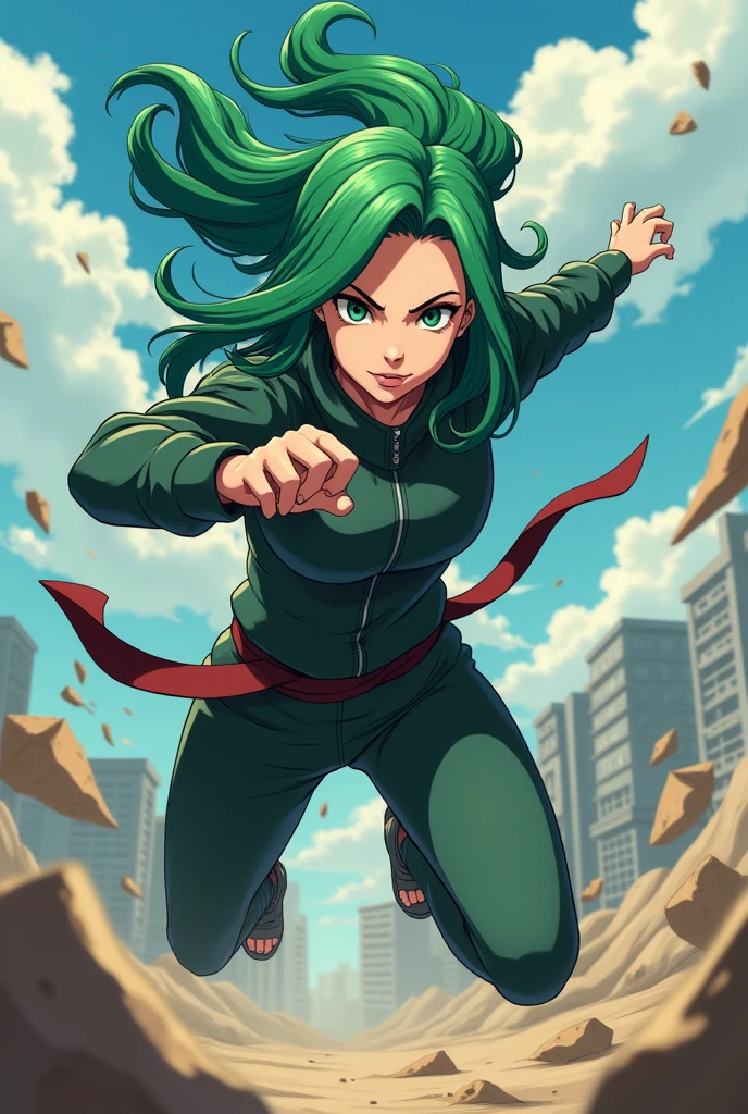 2d animated ninja woman with wavy green hair anime style Naruto 